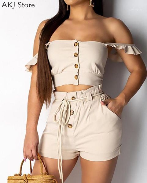 

women off shoulder button design crop & shorts set1, Gray