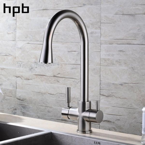 

hpb brushed nickel finished 3 way kitchen faucet filter water tap 2 functions sink mixer and cold water 360 rotation hp43031