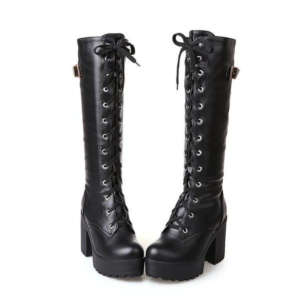 

gothic square chunky block high heels riding boots women lace up thick platform rock punk cosplay knee high boots shoes, Black
