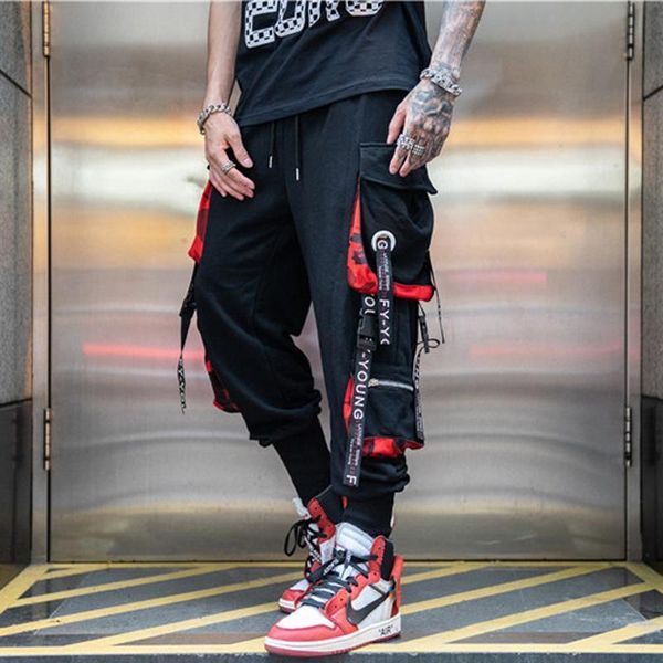 

2020 new men ribbon multi-pockets pants hip hop fashion streetwear elastic waist sweatpants male hit color trousers, Black