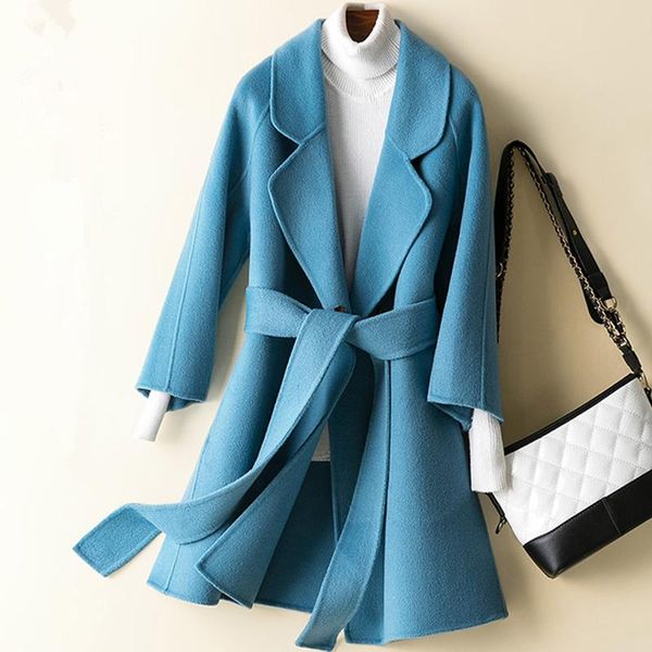 

women's wool & blends autumn high-quality women coat winter solid mid-length belt double-sided jacket female elegant woolen outerwear h, Black