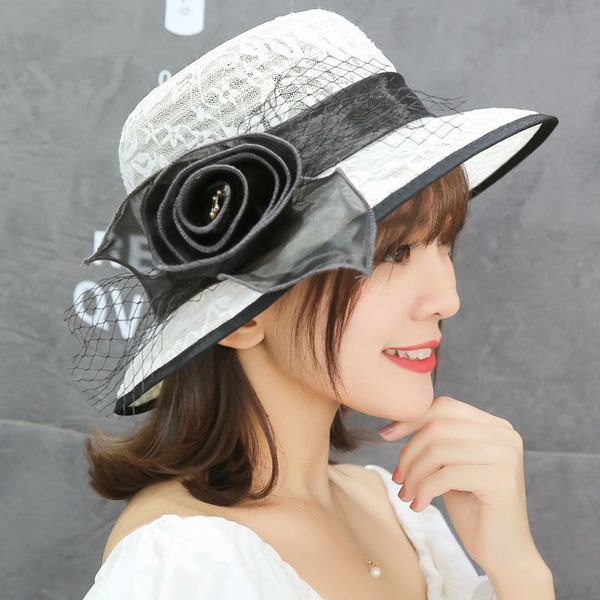 

british hepburn flower lace cool summer travel lady fisherman's cap basin elegant sunshade hat