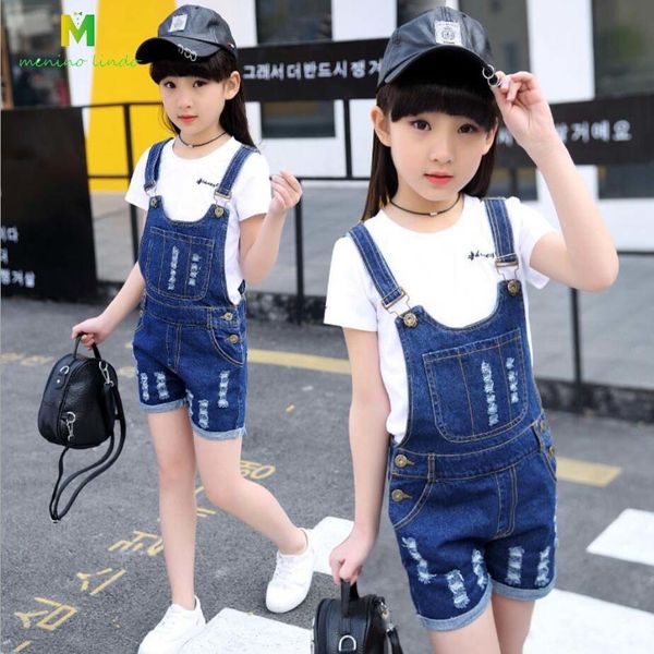 

2-13t teenage summer cotton jeans children short trousers suspenders denim pants baby girls overalls y200704, Blue