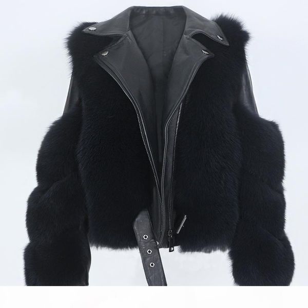 

oftbuy 2020 real fur coat vest winter jacket women natural fox fur genuine leather outerwear detachable streetwear locomotive, Black