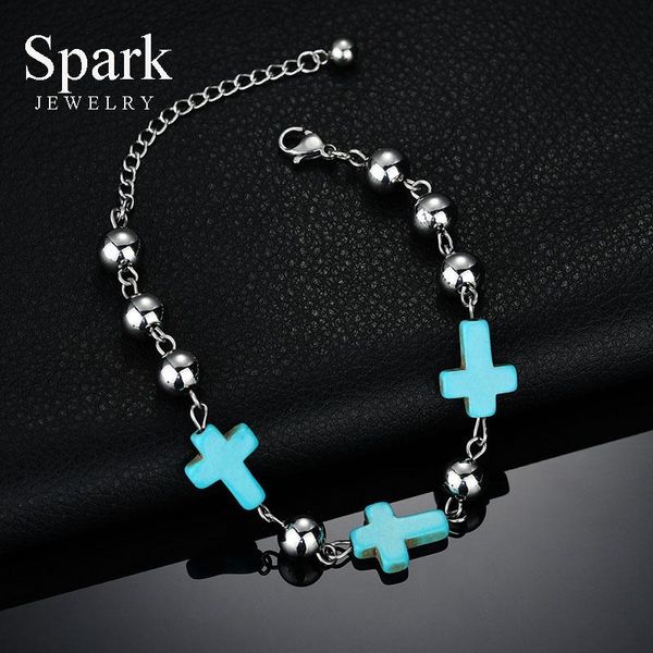 

link, chain cross natural stones bracelets for women steel color beads adjustable pendant wedding gift, Black