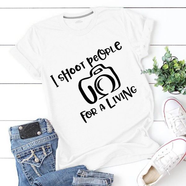 

women's fashion print i shoot people t-shirt women's cotton short sleeve, White