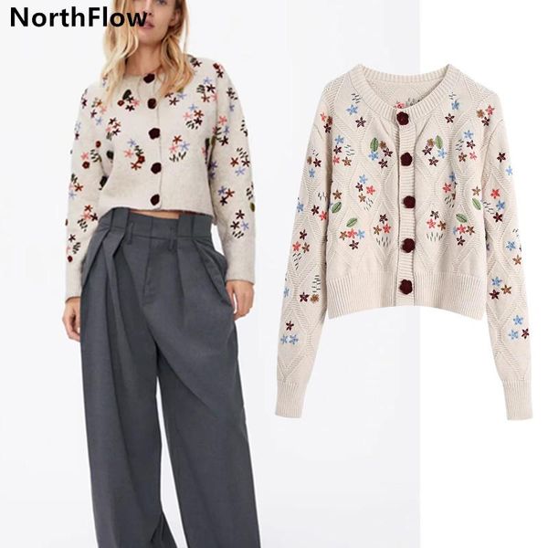 

northflow sweaters winter women cardigans embroidery floral single breasted o-neck pull femme sweaters women, White