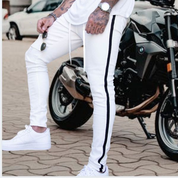 

2021 new men's striped skinny zipper jeans washed vintage hip hop action pants slim print european big -4xl bm6j, Blue