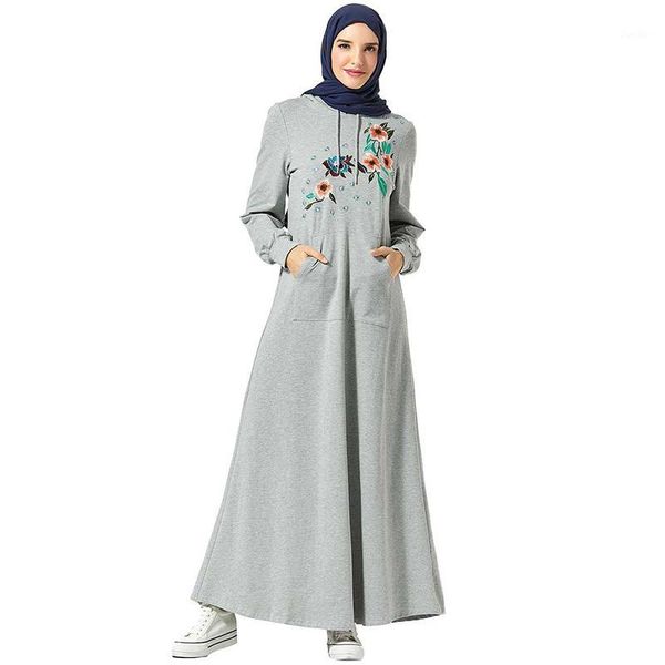 

middle eastern muslim fashion women's hooded pocket embroidered casual dress arab dubai over the knee feet naked cotton dress1, Red