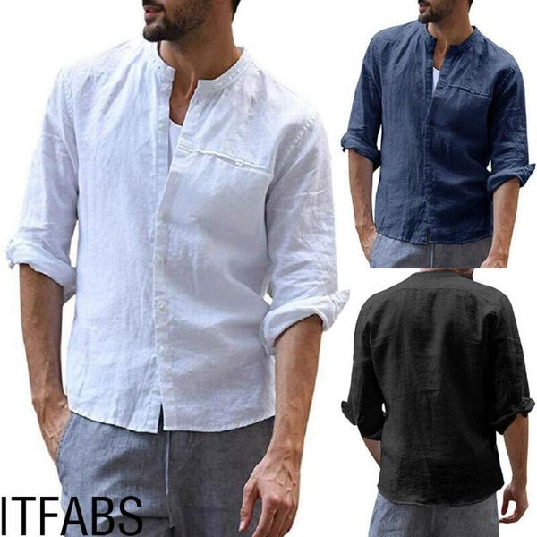 

men's casual shirts male linen solid color autumn winter men lapel tee long sleeve button down, White;black