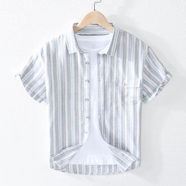 

summer cotton linen stripe shirts for men short sleeve chest pockets japan harajuku style comfortable soft shirts1, White;black