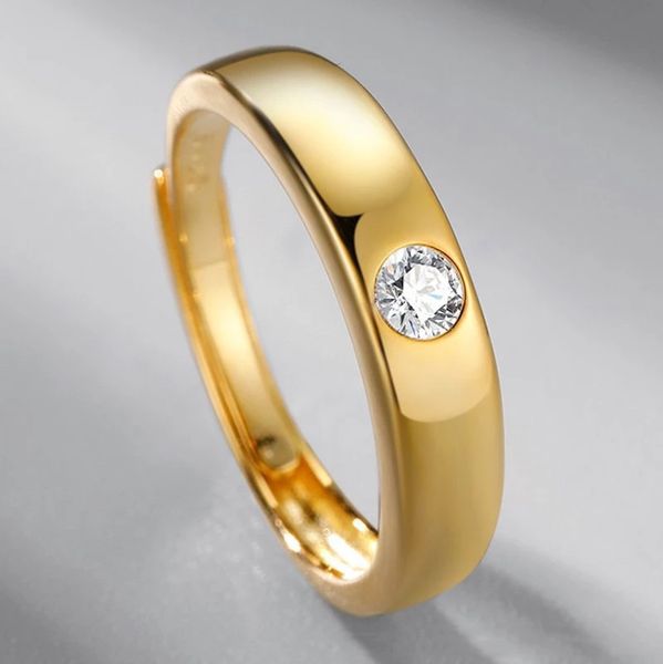 2021 nova moda s925 prata banhado a ouro moissanita diamante simples anel liso sólido casamento simples casal decorável jóias