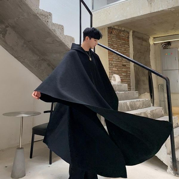 

men fashion show pullover long jacket japan street style hooded robe cloak trench coat outerwear male gothic punk overcoat1, Tan;black