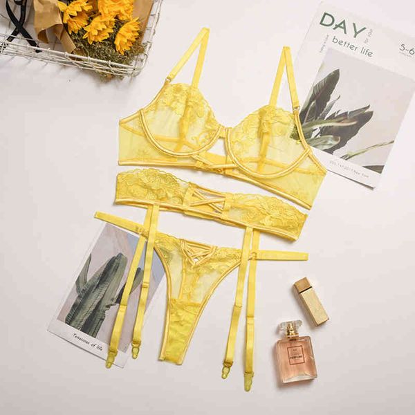 

nxy set 3 pcs lace bra women embrodiery lingerie floral + panties ladies yellow underwear 1222, Red;black
