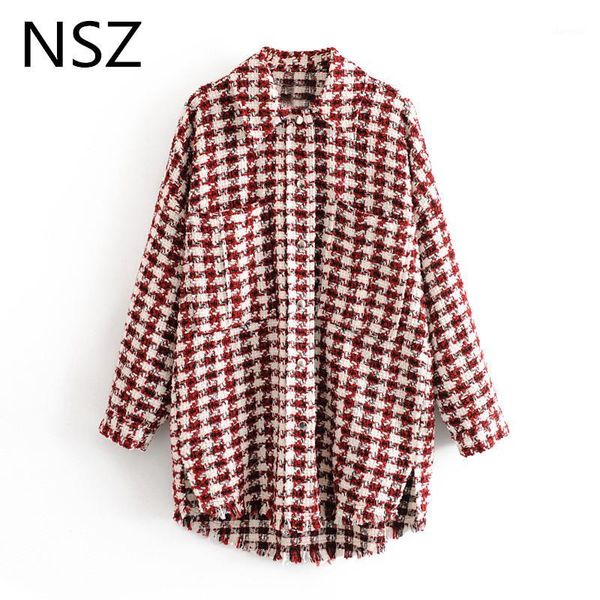 

nsz women houndstooth oversized tweed jacket long sleeve fashion tassel plaid coat loose woolen checkered outwear femme veste1, Black;brown