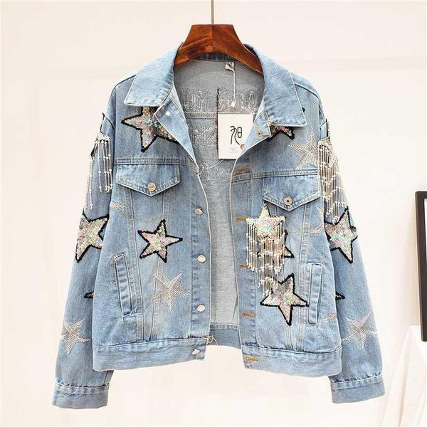 

spring autumn korean fashion punk loose denim jacket women sequins stars beading tassel jeans jacket and coat female streetwear1, Black;brown