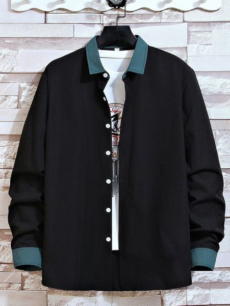 

romwe guys colorblock button front shirt without tee y5le#, White;black