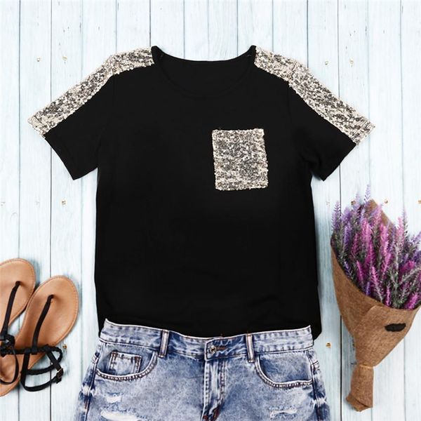 

sequined t shirt womens pocket tee shirts mujer fashion black t-shirt women short sleeve tee summer female top, White