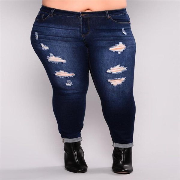 

high waist jeans plus size women denim pencil skinny jeans for women ripped hole boyfriend femme large size bupush up pants, Blue