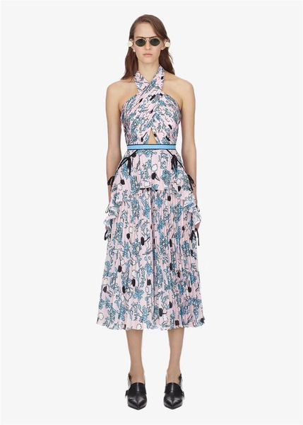 

casual dresses 2021 autumn arrive halter florl print women dress midi pleated high quality, Black;gray