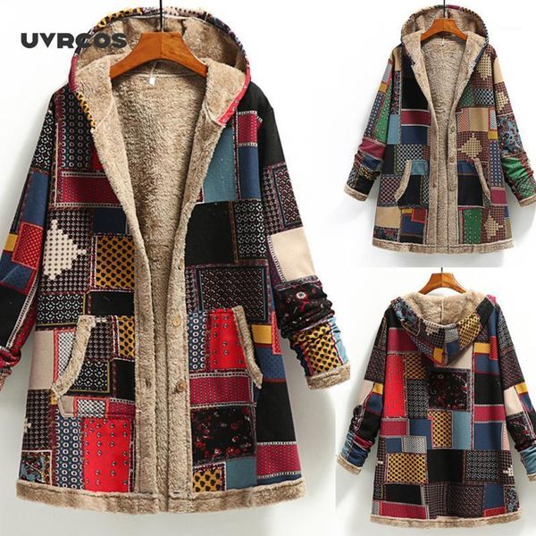 

uvrcos winter women's hooded coat with pocket cashmere thick splicing jacket retro long sleeve loose cotton linen printed coat1, Black