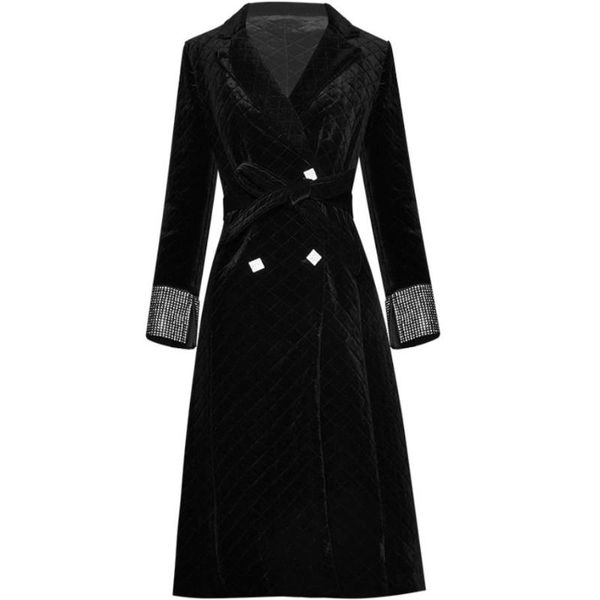 

women's trench coats fashion diamond velvet coat women double breasted slim winter warm long overcoat, Tan;black