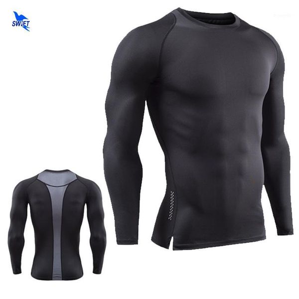 

fitness bodybuilding elastic fabric compression shirt men mesh patchwork running t-shirt raglan long sleeve quick dry sportswear1, Black;blue