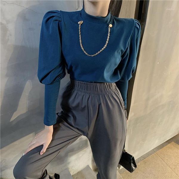 

retro women shirts long sleeve turtleneck puff sleeve chain slim blouses fashion casual female base clothing1, White