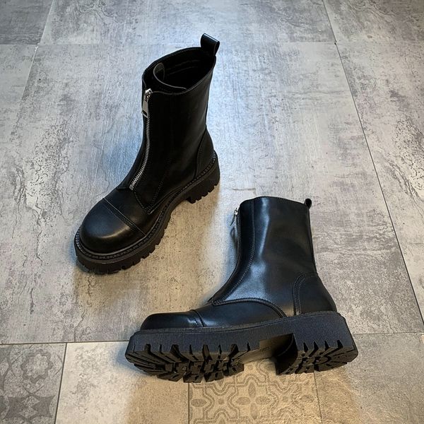 

brown boots women platform chunky low heel front zipper ins trend black mesh lining thick sole round toes ladies casual shoes