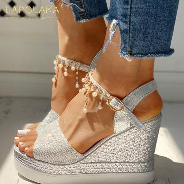 

sandals lapolaka comfortable shoes woman female metal decoration wedge high heels leisure platform fashion chains summer, Black