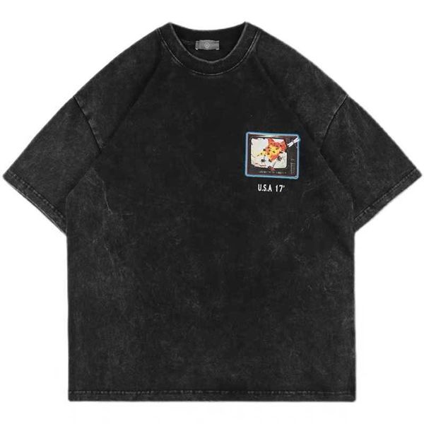 

men's t-shirts summer new travis scott hip hop high street loose wash used cotton men's short sleeve t-shirt, White;black
