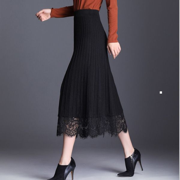 

new 2021 autumn and mid-female winter sewing lace all-match high fine a-line skirt y307 h4yw huox, Black