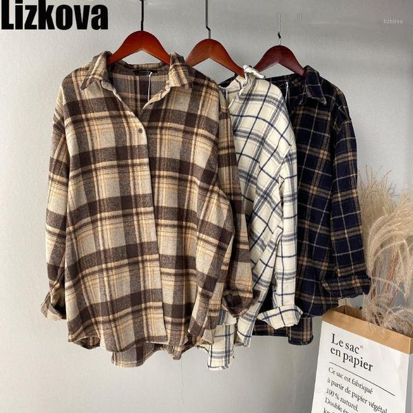 

lizkova winter plaid thicken blouse women fleece oversized casual shirt 2020 hararuju style long sleeve shirt coat 88581, White