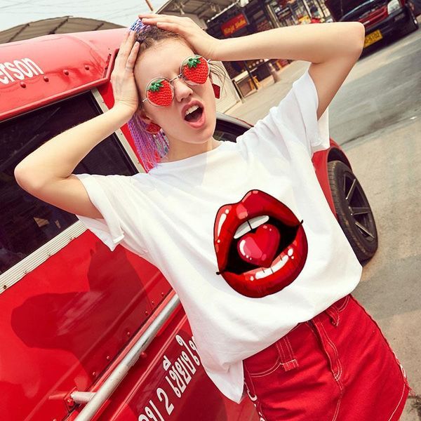 

2020 new fashion t shirt women lips love print tshirt harajuku thin section white female short sleeve t-shirt clothing
