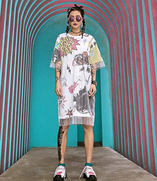 

summer new women dresses two fake gauze mesh short sleeve long t shirts tee dress printed exploding head streetwear y200805, Black;pink