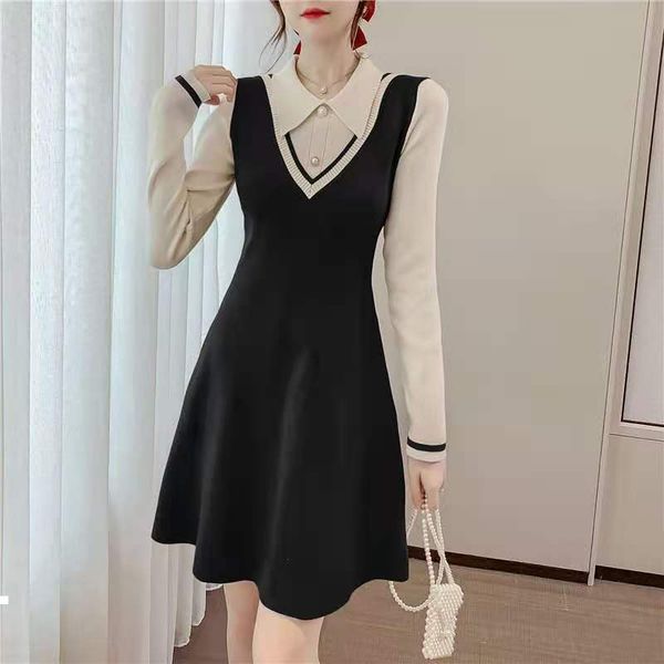 

quente 2021 new primavera das mulheres de manga vintage falso dois feminino collar babados vestidos apertados y279 56oz, Black;gray