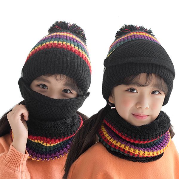 

winter add velvet and matching color children's knitted cap scarf mask three-piece set for cycling, warm and thickened wool hat, Yellow
