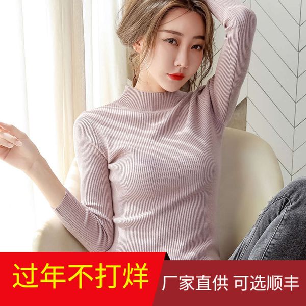 

sweater 2020 new women's slim half high collar with solid thin long sleeve early autumn bottom knitted top, White