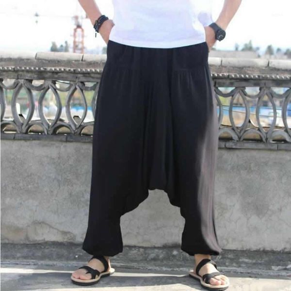 

plus size harem pants men hiphop loose wide pant cotton linen big drop crotch baggy joggers dance trousers male clothing1, Black
