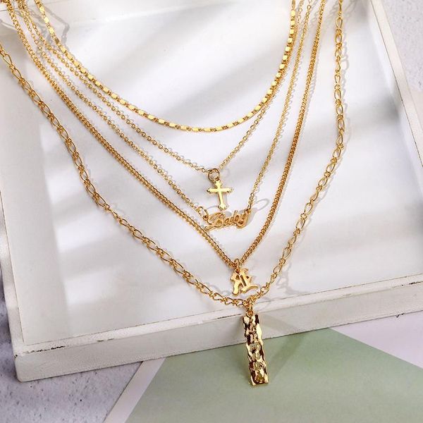 

старинные многослойные алфавит крест кулон ожерелье для женщин богемный геометрический золотой цепной воротник ожерелье 2020 ювелирные издел, Golden;silver