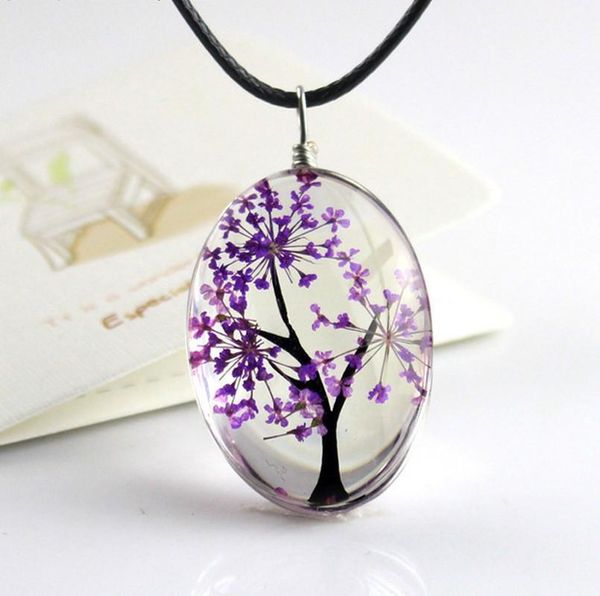 

handmade dried flower necklace glass pendant leather chain boho long statement necklaces summer jewelry for women1, Silver