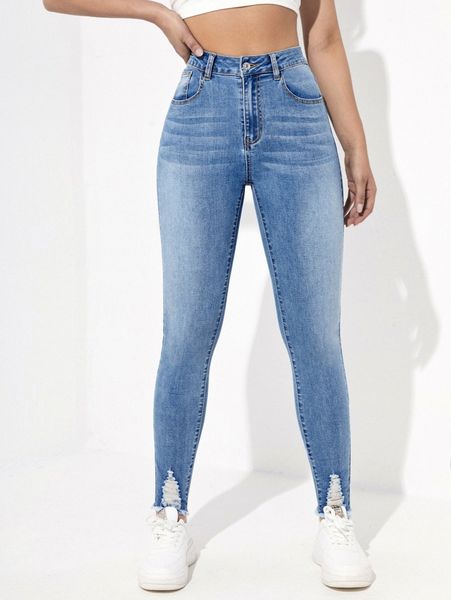 

ripped raw hem skinny jeans l1fz#, Blue