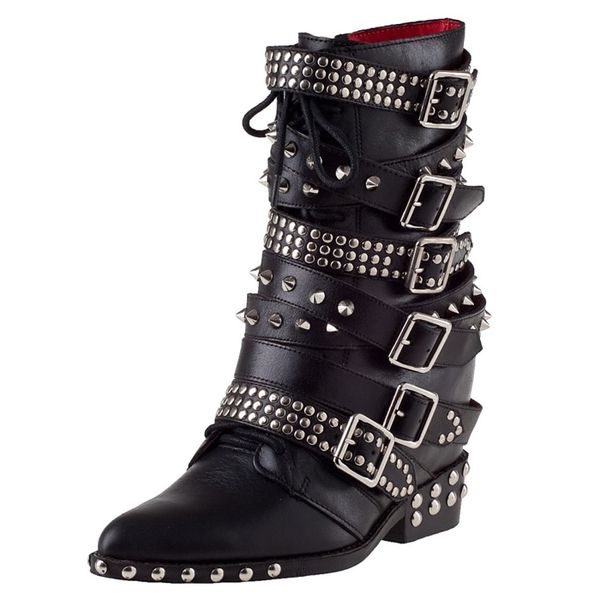 

2021 ankle western for med thick studded martin leather boots femme motorcycle woman shoes 9xt9, Black