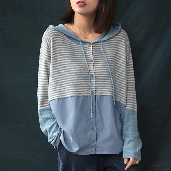 

johnature knitted striped shirts patchwork hooded blouses women spring button long sleeve 2020 5 color loose casual shirts, White
