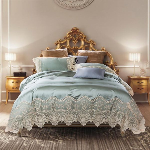 

bedding sets blue golden luxury silk lace set king  bed sheet duvet cover pillowcase dekbedovertrek linge de lit