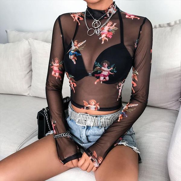 

womens blouse cupid printing transparent blouses women chiffon shirts spring 2020summer angel shirt crop plus size clothing, White