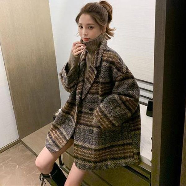 

casual double breasted winter coat women elegant fashion loose wool coat and jacket plaid warm women's autumn, Black