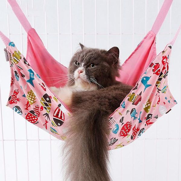 

pink/blue warm hanging cat bed mat soft cat hammock winter hammock pet kitten cage bed pure cotton fish pattern cover cushion