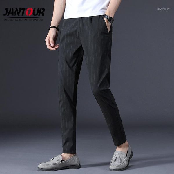 

men's pants jantour brand fashion men fit spring summer business stripes flat classic full length casual trousers male1, Black