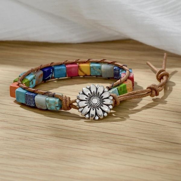 

7 chakra natural healing druzy stone wrap leather bracelet for women braid leather rope friendship friend flower jewelry, Golden;silver